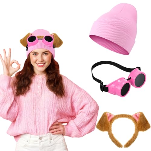 Kasyat Halloween-Hundekostüm, braunes Hundeohren-Stirnband, rosa Steampunk-Brille, rosa Strickmütze mit Bündchen, Beanie-Mütze für Damen, Halloween-Party-Outfit, Cosplay, Partyzubehör, 3 Stück Kasyat Halloween-Hundekostüm, braunes Hundeohren-Stirnband, rosa Steampunk-Brille, rosa Strickmütze mit Bündchen, Beanie-Mütze für Damen, Halloween-Party-Outfit, Cosplay, Partyzubehör, 3 Stück von Kasyat