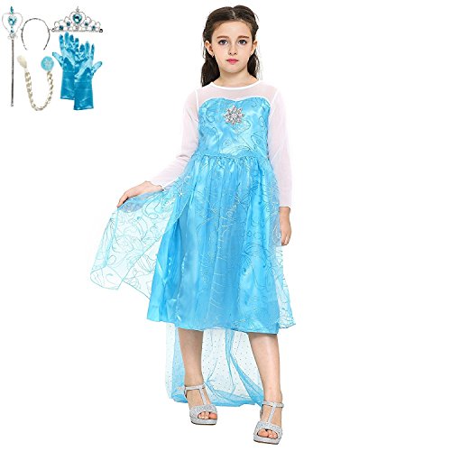 Katara 1099 - Frozen Eiskönigin Elsa Kostüm Set, Kleid Diadem Handschuhe Zauberstab Zopf, Gr. 134/140, Blau von Katara