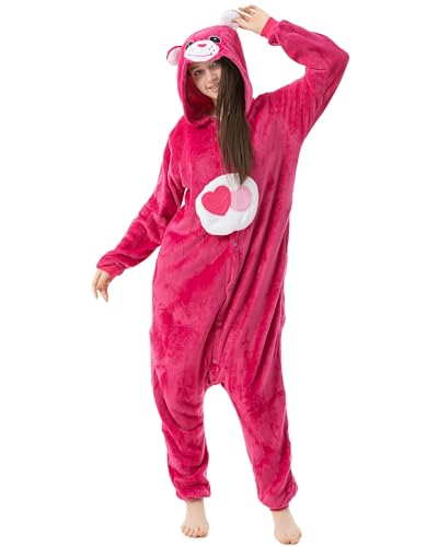 Katara 1744 Glücksbärchis Onesie Jumpsuit Süßes Kostüm-Fasching Karneval Party Hausanzug Cosplay Einteiler Sleepsuit Kapuze, Glücksbärchi Pink Herz, XL von Katara