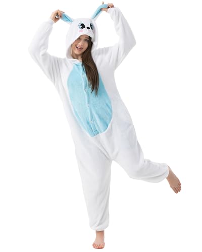 Katara 1744 -Hase blau/weiß Kostüm-Anzug Onesie/Jumpsuit Einteiler Body für Erwachsene Damen Herren als Pyjama oder Schlafanzug Unisex - viele Verschiedene Tiere von Katara
