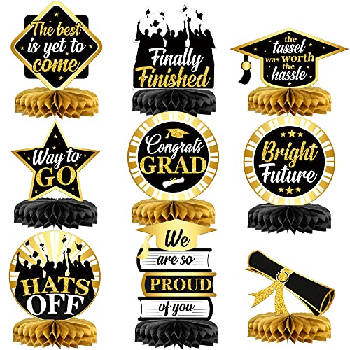 9 Stück Graduation Honeycomb Mittelstücke 2022 – Congrats Grad Honeycomb Mittelstück | Graduation Tischaufsätze für Tische 2022 Schwarz und Gold | Abschlussfeier Dekorationen von KatchOn