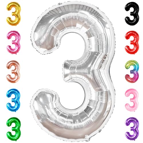 KatchOn, Großer Silberner Luftballon 3 Geburtstag – 100 CM, HELIUM UNTERSTÜTZT | 3. Geburtstagsballon, Dekorationen zum 3. Geburtstag für Mädchen | 3 Jahre alte Ballons zum Geburtstagsdeko KatchOn, Großer Silberner Luftballon 3 Geburtstag – 100 CM, HELIUM UNTERSTÜTZT | 3. Geburtstagsballon, Dekorationen zum 3. Geburtstag für Mädchen | 3 Jahre alte Ballons zum Geburtstagsdeko von KatchOn