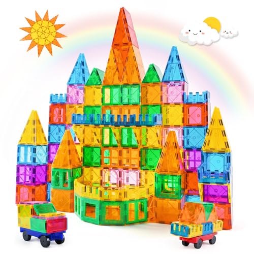 Katiago Magnetische Bausteine, 100PCS Magnetbausteine Set mit 2 Autos STEM Montessori Magnet Spielzeug Kinder für Geschenk ab 3 4 5 6 7 8 Jahre Bauklötze Kinderspielzeug von Katiago