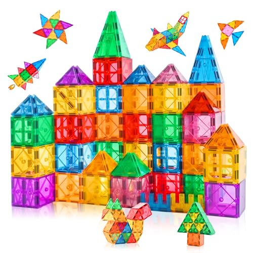 Katiago Magnetische Bausteine, 64 Teile Magnet Bausteine Spielzeug Kinder 3D Farbenfrohe Starterset Magnetische Bauklötze mit 1 Auto für Kinder ab 3 4 5 6 Jahre Geburtstag Geschenk von Katiago