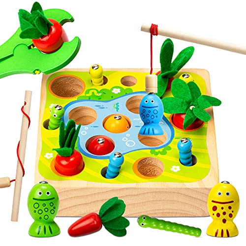 Katomi 3 in 1 Magnetische Angelspiel Holzspielzeug,Montessori Spielzeug Kinder ab 1 2 3 4 Jahre,Karottenernte Lernspielzeug Geschenk für Adventskalender Jungen und Mädchen (Quadrat) von Katomi