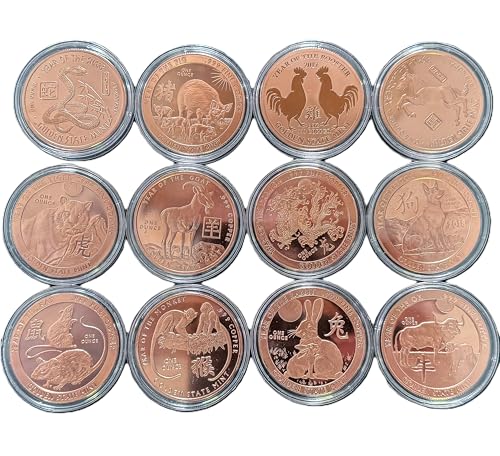 Katy Craig Komplettes Set 12 x 28,3 g chinesisches Sternzeichen Mondjahr der Kupfer runde Münzen Bullion 999 fein von Katy Craig