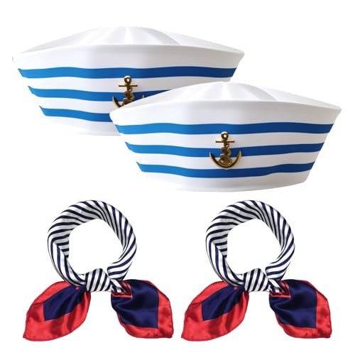 Kapitän Matrosen Kostüm Set – 2 Matrosenmützen + 2 Schals (Blau-Weiße Matrosen-Design) für Männer & Frauen, Kopfumfang 58cm Marine Outfit von Katyjun
