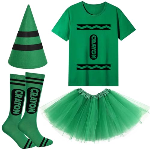 Buntstift-Kostüm-Set für den Buchtag, inklusive T-Shirt, Hut, Socken, Tutu-Rock für Kinder, für Geschichten, Buchtag, Cosplay, Partyzubehör (grün, 7–8 Jahre) von Kavoc