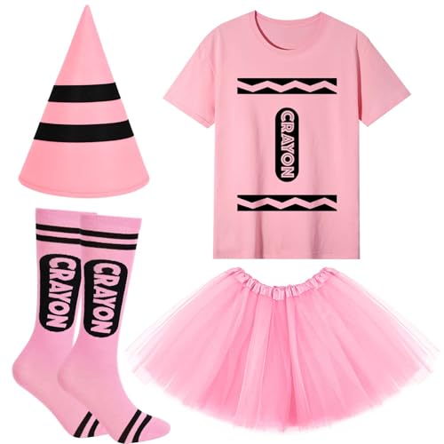 Buntstift-Kostüm-Set für den Buchtag, inklusive T-Shirt, Hut, Socken, Tutu-Rock für Kinder, für Geschichten, Buchtag, Verkleiden für Cosplay, Partyzubehör (Rosa, 8–9 Jahre) von Kavoc
