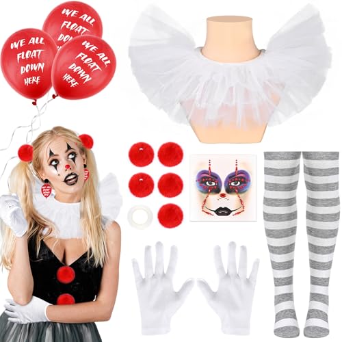 Kavoc 13 Stück Halloween Scary Clown Deluxe Kostüm Handschuhe Kragen Weiß Overknee Socken für Halloween Party Supplies von Kavoc