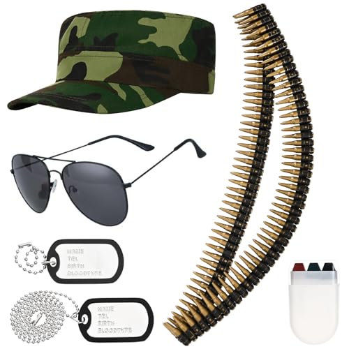 Kavoc 4-teiliges Armee-Kostüm-Zubehör-Set mit Sonnenbrille, Camouflage-Hut für Soldaten, Cosplay-Zubehör von Kavoc