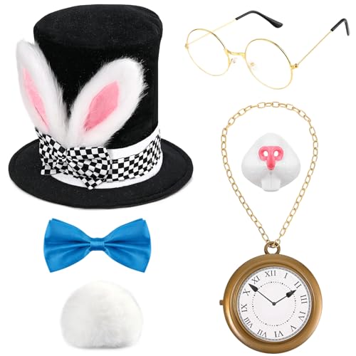 Kavoc 7-teiliges weißes Halloween-Kostüm mit Hasenohren, Plüsch-Topper, Hut, Hasennase, Hasenuhr, Brille, Schleife und Handschuhe für Männer und Frauen, Filmfiguren von Kavoc