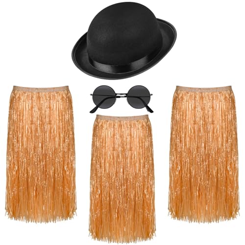 Kavoc Das 5-teilige Halloween-Kostüm-Set beinhaltet 3 Luau-Hula-Rock mit schwarzem Bowler-Derby-Hut, Sonnenbrille für Halloween-Partys von Kavoc