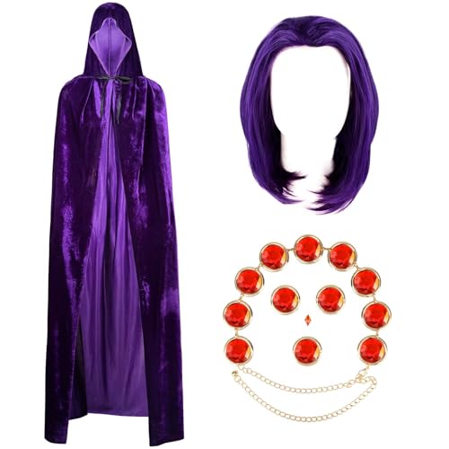 Kavoc Halloween-Cosplay-Kostüm-Set inklusive Anime-Cosplay-Kapuzenumhang, lila Anime-Perücke und verstellbarem rotem Edelstein-Taillengürtel für Damen, Anime-Cosplay-Kostüm, Violett, Adult von Kavoc