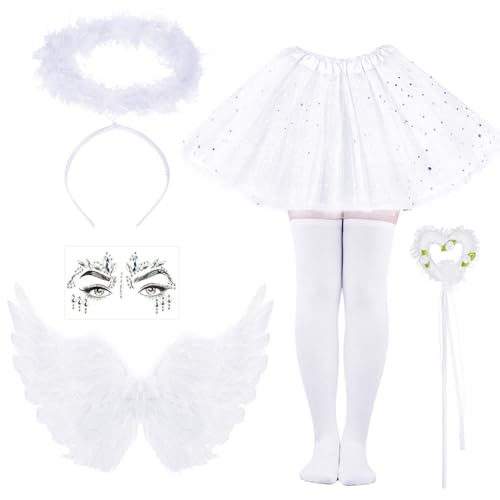 Kavoc Halloween Engel Kostüm Zubehör Set inklusive Stirnband Socken Flügel Tutu Rock für Verkleidung Zubehör (Weiß, Erwachsene) von Kavoc