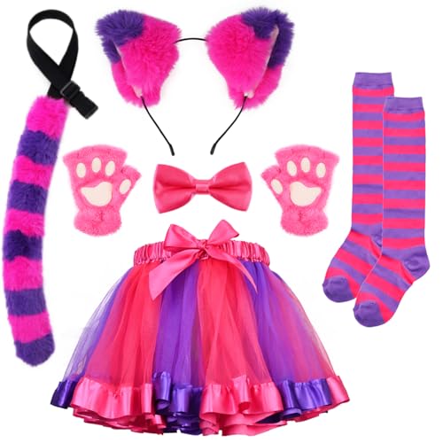 Kavoc Halloween-Katzen-Cosplay-Zubehör-Set inklusive rosa lila Stirnband, Schwanz, Tutu, Rock, Socken für Verkleidungszubehör von Kavoc
