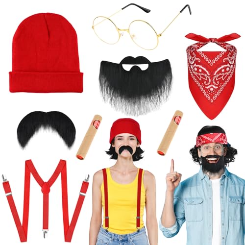 Kavoc Halloween-Kostüm-Set enthält Brille, rotes Bandana, schnörkeliger Schnurrbart, Beanie, Strapse und Schnurrbart für Männer und Frauen, Partyverkleidungen Kavoc Halloween-Kostüm-Set enthält Brille, rotes Bandana, schnörkeliger Schnurrbart, Beanie, Strapse und Schnurrbart für Männer und Frauen, Partyverkleidungen von Kavoc