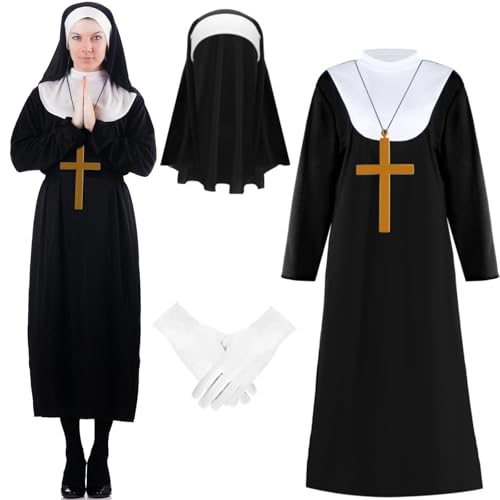 Kavoc Halloween Nonne Kostüm Set Inklusive Nonne Kleid Kopftuch Weiße Handschuhe für Cosplay Dress Up Supplies (L) von Kavoc
