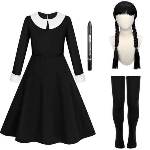 Kavoc Halloween-Rollenspiel-Set enthält schwarze Zwillinge, geflochtene Perücke, Socken, schwarzes Kleid für Cosplay, Partyzubehör (10–12 Jahre) von Kavoc