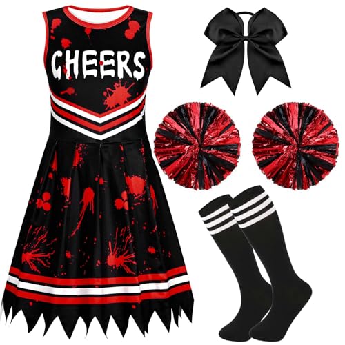 Kavoc Halloween-Zombie-Cheerleader-Kostüm-Zubehör, einschließlich schwarz-roter Rock, Fliege (7–9 Jahre), 4 Stück von Kavoc