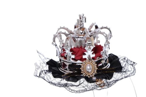 C-107-2 Silber Krone rot Rose Schleife schwarz Spitze Rüschen Gothik Lolita Party Feier Haarschmuck Kopfaccessoir Clip von Kawaii-Story