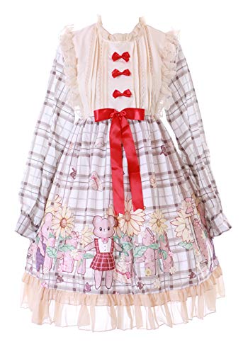 JSK-69 Beige kariert Teddy Bär Garten Blumen Langarm Kleid Pastel Goth Lolita Cosplay Kostüm Kawaii von Kawaii-Story