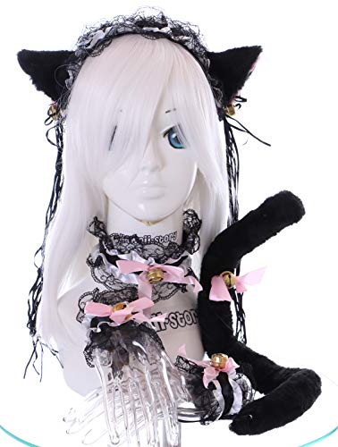 Kawaii-Story C-12-6 Schwarz Weiß Gothic Lolita Maid Katzen Ohren Haarband Halsband Armband Schwanz Set Cosplay von Kawaii-Story