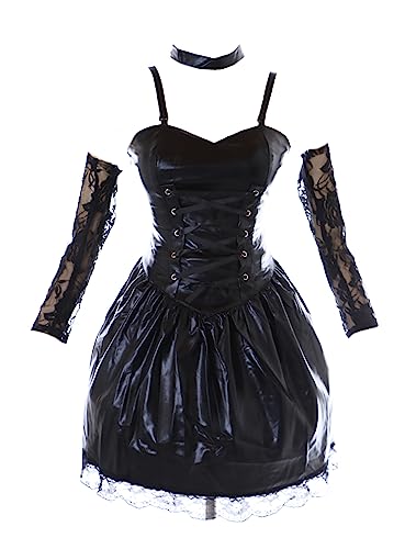 MN-219 Misa Amane Schwarz Kunstleder Lack Kleid mit Strümpfe 6-Teile Cosplay Kostüm (L) von Kawaii-Story