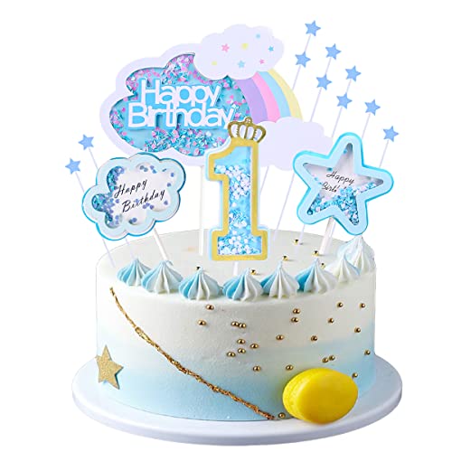 Kawailay 1 Geburtstag Tortendeko Junge 1st Geburtstag Kuchendeko Happy Birthday Regenbogen Cake Topper Wolken Sterne Kuchen Deckel für Baby Shower Junge Geburtstag Blau von Kawailay