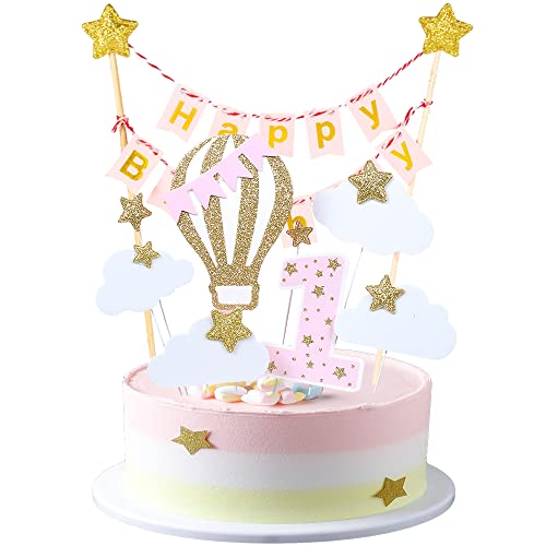 Kawailay 1. Geburtstag Tortendeko Mädchen Happy Birthday Banner Girlande Cake Topper Kuchendeko Heißluftballon Wolken Sterne Kuchen Deckel für Baby Shower Rosa von Kawailay