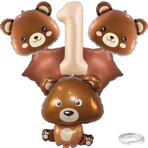 Kawailay 1. Bär Geburtstag Deko Braunbär 1. Geburtstag Deko Ballons Braunbär Bärenkopf Folienballon Karamell Zahl 1 Luftballon für Junge Mädchen Party Motto Party von Kawailay