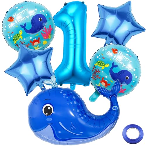 Kawailay 1. Wal Geburtstag Deko Meerestier 1. Geburtstag Deko Ballons Wal Folienballon Blau Zahl 1 Luftballon für Jungen 7 Stück von Kawailay