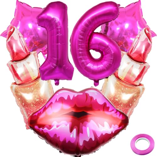 Kawailay 16. Lippenstift Geburtstag Deko Kuss Lippen Luftballon Sweet 16. Geburtstag Deko Ballons Rosa Zahl 16 Luftballon für Mädchen Frau Geburtstag Party Motto Party von Kawailay