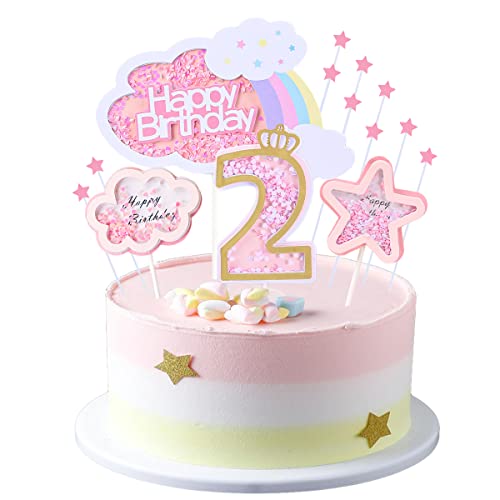 Kawailay 2 Geburtstag Tortendeko Mädchen 2st Geburtstag Kuchendeko Happy Birthday Regenbogen Cake Topper Wolken Sterne Kuchen Deckel für Mädchen Geburtstag Rosa von Kawailay