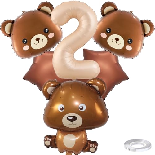 Kawailay 2. Bär Geburtstag Deko Braunbär 2. Geburtstag Deko Ballons Braunbär Bärenkopf Folienballon Karamell Zahl 2 Luftballon für Junge Mädchen Party Motto Party von Kawailay