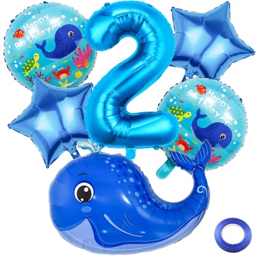 Kawailay 2. Geburtstag Deko Meerestier 2. Geburtstag Deko Ballons Wal Folienballon Blau Zahl 2 Luftballon für Jungen 2 Jahre Party Motto Party von Kawailay