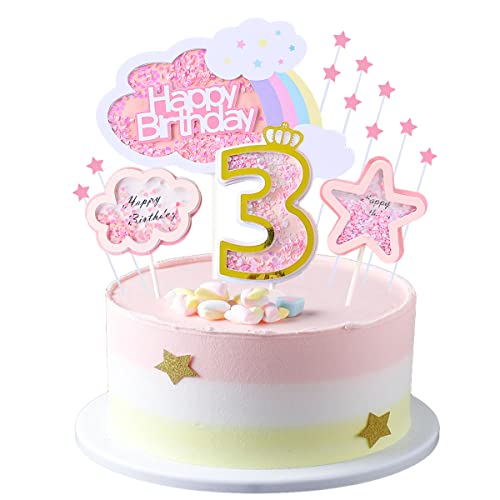 Kawailay 3 Geburtstag Tortendeko Mädchen 3st Geburtstag Kuchendeko Happy Birthday Regenbogen Cake Topper Wolken Sterne Kuchen Deckel für Mädchen Geburtstag Rosa, Kawailay-208 von Kawailay