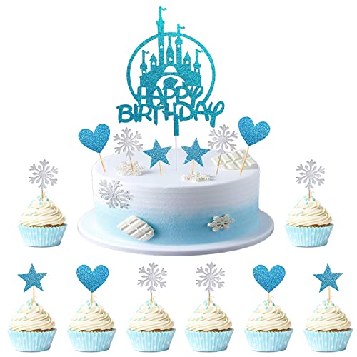 Kawailay 31 Stück Glitter Frozen Tortendeko Schloss Happy Birthday Kuchendeckel Snow Queen Cake Toppers mit Schneeflocken Herz Stern für Kinder Mädchen Junge Geburtstag Weihnachten Party Blau von Kawailay