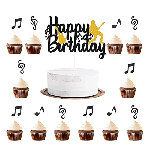 Kawailay 31 Stück Glitzer Musiknoten Cupcake Toppers Musik Happy Birthday Tortendeko Gitarren Kuchen Topper Cake Picks für Musiker Rock Party Geburtstags Party Zubehör von Kawailay