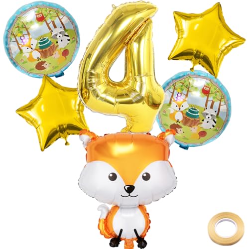 Kawailay 4. Geburtstag Deko: 7-stück Fuchs & Tierballons, Goldsterne, Ballonband & Blasrohr für Jungen & Mädchen, 4. Geburtstag, Kinderparty, Fuchs-Thema von Kawailay
