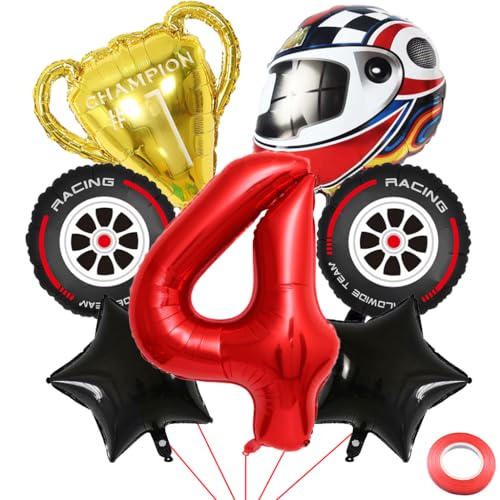 Kawailay 4. Rennwagen Geburtstag Deko Ballons Trophäen Helm Reifen Folienballon Rot Zahl 4 Luftballon für Jungen Geburtstag Party von Kawailay