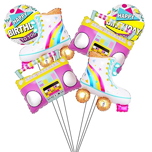 Kawailay 6 Stück 22 Zoll 4D Disco Folien Ballons Rainbow Rollerskate Radio Boombox Luftballons 70er Jahre Disco Party Aluminium Ballons 18 Zoll Runde Ballon für Geburtstag Hochzeit Abschlussfeier von Kawailay