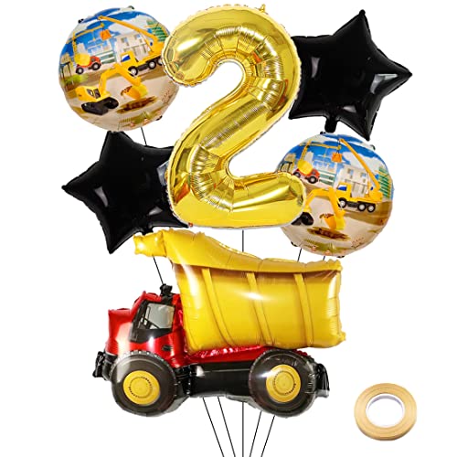 Kawailay BAU Geburtstag Party Deko 2 Jahre 2. Baustelle Geburtstag Deko Gold Zahl 2 Luftballon Truck Folienballon Kipper Baufahrzeuge Heliumballon für Jungen Geburtstag Party von Kawailay