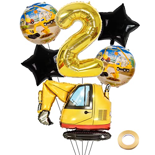 Kawailay Bagger Geburtstag Deko 2 Jahre 2. Baustelle Geburtstag Deko Gold Zahl 2 Luftballon Bagger Folienballon Baufahrzeuge Heliumballon für Jungen Geburtstag Party von Kawailay