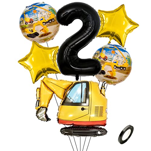 Kawailay Bagger Geburtstag Deko 2 Jahre 2. Baustelle Geburtstag Deko Schwarz Zahl 2 Luftballon Bagger Folienballon Baufahrzeuge Heliumballon für Jungen Geburtstag Party von Kawailay
