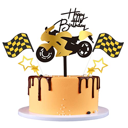 Kawailay Motorrad Cake Topper Tortendeko Acryl Kuchenaufsatz Tortenaufsatz Happy Birthday Kuchen Topper mit Glitter Stern und Banner für Männer Jungen Motorradliebhaber Geburtstag Dekoration Gold von Kawailay