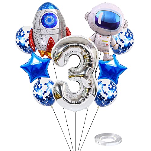 Kawailay Weltraum Luftballon Set Astronauten Geburtstag Deko 3 jahre Astronauten Raketen Folienballon Silber Zahl 3 Luftballons Aluminium Ballon für Kinder Jungen Mädchen Geburtstag Party von Kawailay