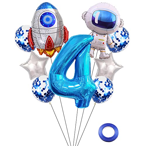 Kawailay Weltraum Luftballon Set Astronauten Geburtstag Deko 4 jahre Astronauten Raketen Folienballon Blau Zahl 4 Luftballons Aluminium Ballon für Kinder Jungen Mädchen Geburtstag Party von Kawailay