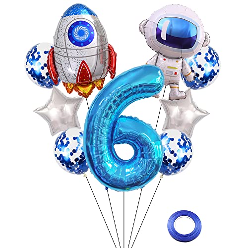 Kawailay Weltraum Luftballon Set Astronauten Geburtstag Deko 6 jahre Astronauten Raketen Folienballon Blau Zahl 6 Luftballons Aluminium Ballon für Kinder Jungen Mädchen Geburtstag Party von Kawailay