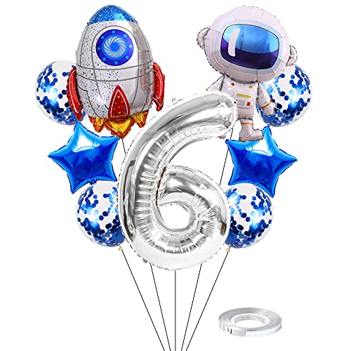 Kawailay Weltraum Luftballon Set Astronauten Geburtstag Deko 6 jahre Astronauten Raketen Folienballon Silber Zahl 6 Luftballons Aluminium Ballon für Kinder Jungen Mädchen Geburtstag Party von Kawailay